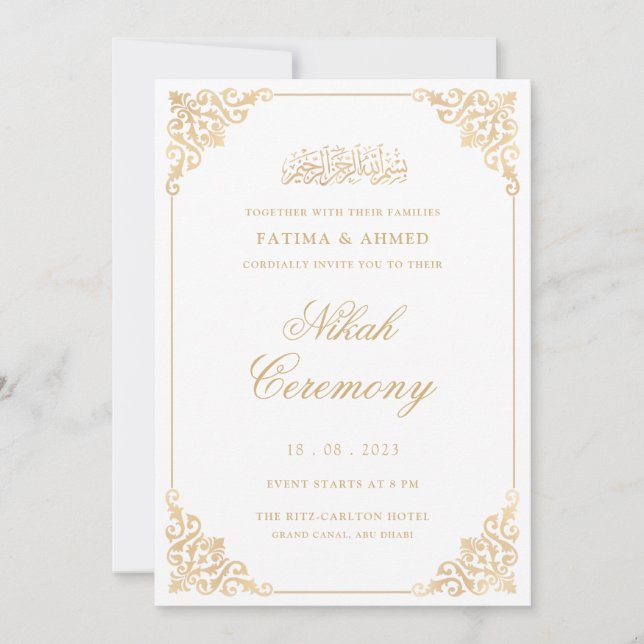 Walima White Gold Islamische Hochzeit Einladung (Vorderseite)