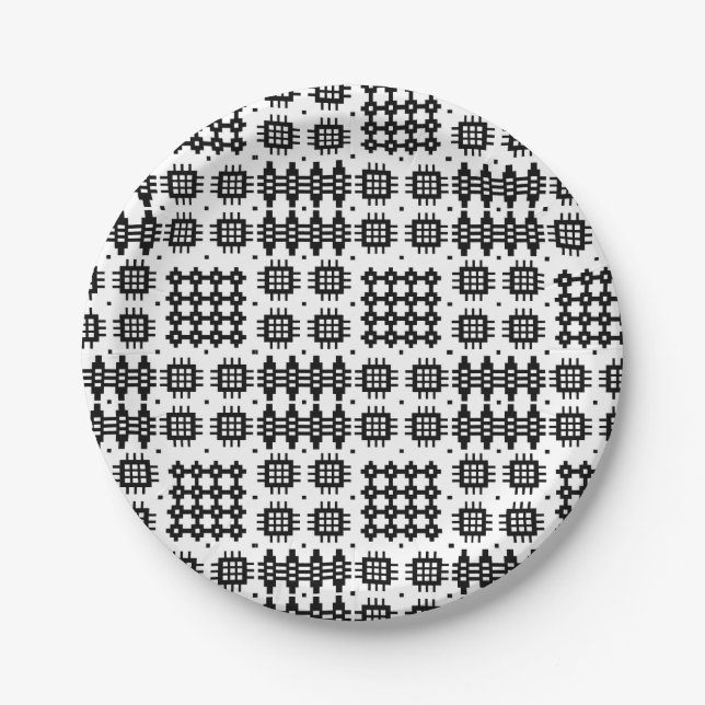 Waliser-Tapisserie-Muster-Schwarz-weiße Pappteller (Vorderseite)