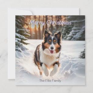 Walisische Collie-Hund Schnee Wasserfarbe Frohe We Feiertagskarte