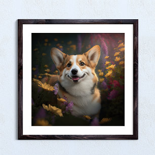 Walisischer Corgi im farbenfrohen Garten Poster