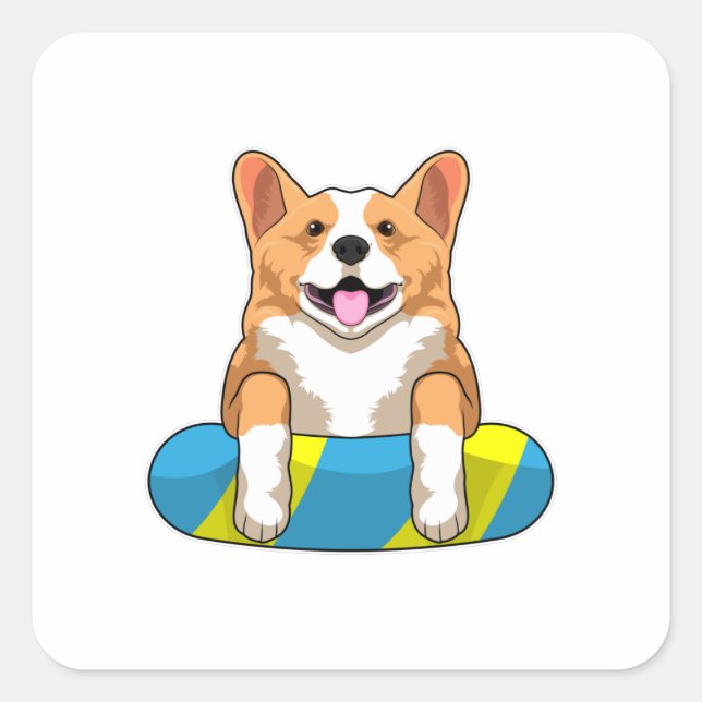 Walisischer Corgi im Schwimmen mit Brett Quadratischer Aufkleber (Vorderseite)