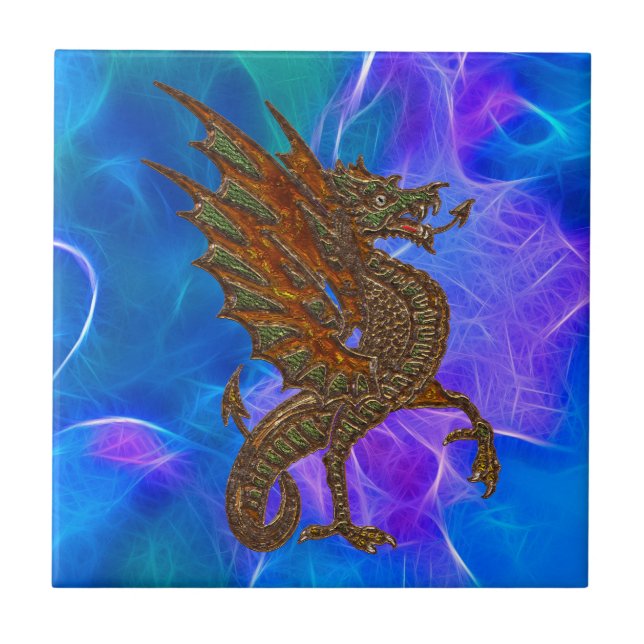 Walisischer Keltischer Drache in Gold über Blues I Fliese (Vorderseite)