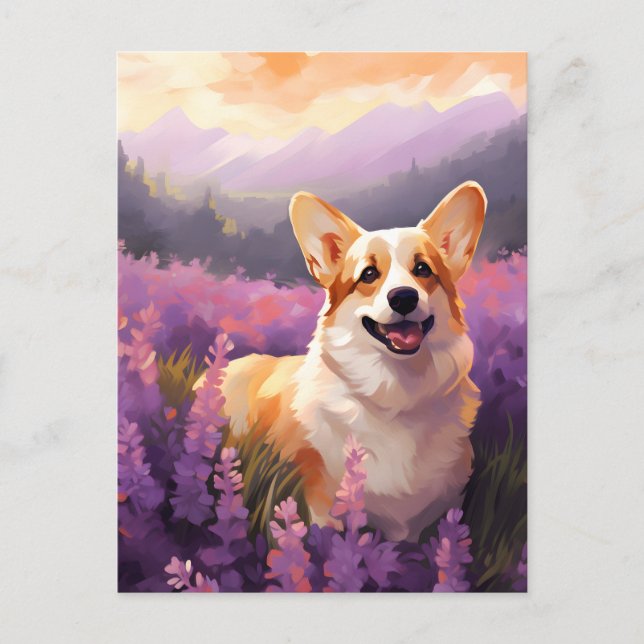 Walisisches Corgi auf Lavenderfeld Postkarte (Vorderseite)