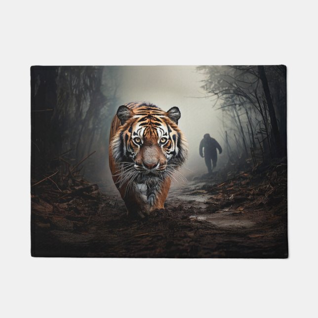Walking Alter Schwarz-Orange-Tiger surrealer Wald Fußmatte (Vorderseite)