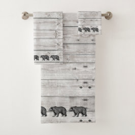 Walking Bear Grey Wood Pattern Badetuch Set