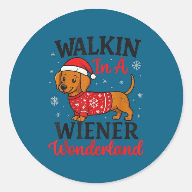 Walking In Weiner Wonderland Mini Dachshund Christ Runder Aufkleber (Vorderseite)