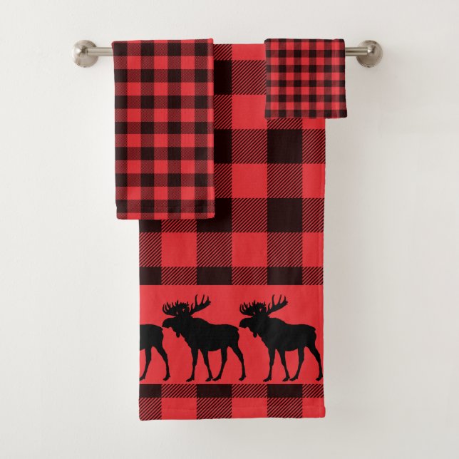 Walking Moose Silhouette Red Black Plaid Pattern  Badhandtuch Set (Insitu)