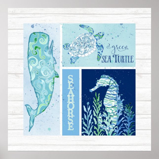 Wall Art Beach Ocean Shore Whale Turtle Seepferd Poster (Vorne)