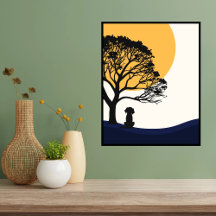 Wall Art, gelbe Sonne, Hund, Baum