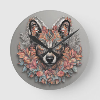 Wall Clock, 8" "Floral Majesty Wolf Clock" Runde Wanduhr