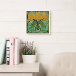 Wall Clock - Art Nouveau Floral Yellow Quadratische Wanduhr
