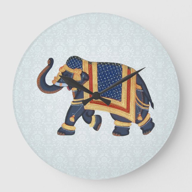 Wall Clock Blue Perle Gold Elephant Große Wanduhr (Vorderseite)