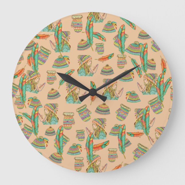 Wall Clock Boho Hat Girl Große Wanduhr (Vorderseite)