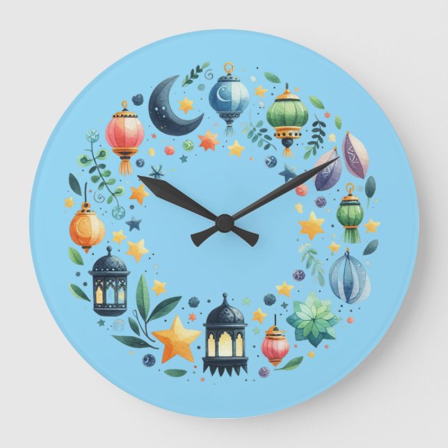 Wall Clock-Eid Mubarak Wreath Wall Clock Große Wanduhr (Vorderseite)