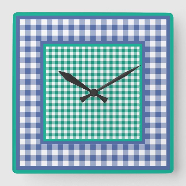 Wall Clock, Emerald Green und Blue Karo Gingham Quadratische Wanduhr (Vorderseite)