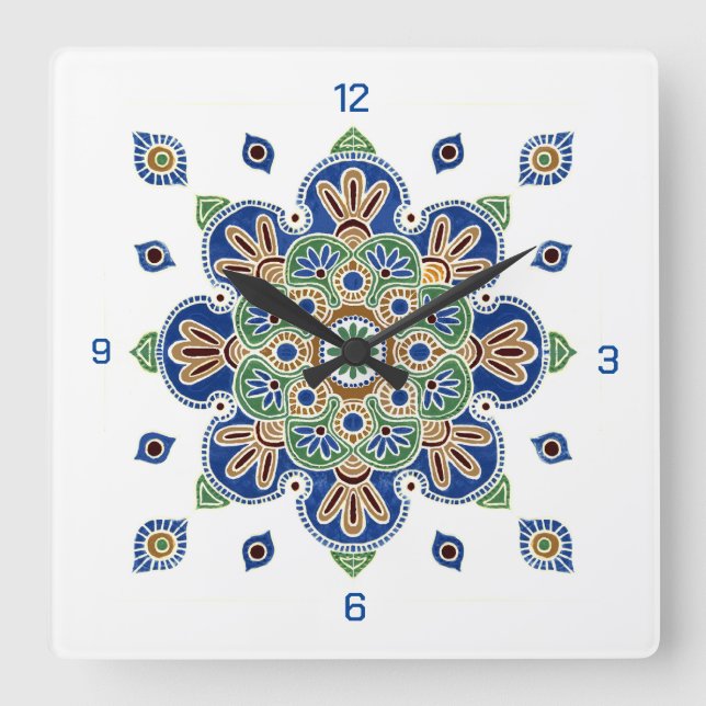 Wall Clock mit farbenfrohen Medallion-Design Quadratische Wanduhr (Vorderseite)