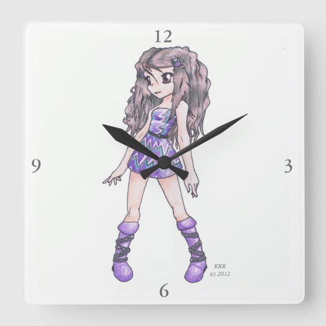 Wall Clock mit Girl in Lila Kleid mit Stiefeln Quadratische Wanduhr (Vorderseite)