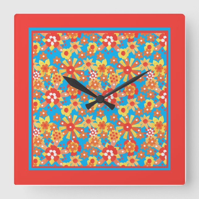 Wall Clock, Square, Ditsy Floral Pattern Quadratische Wanduhr (Vorderseite)