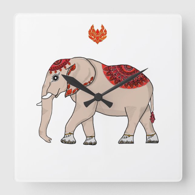 Wall Clock Thai Elefant. Quadratische Wanduhr (Vorderseite)