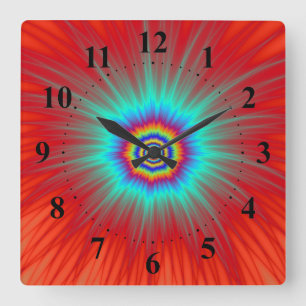 Wall Clock Turquoise Explosion on Red Quadratische Wanduhr