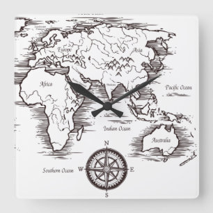 Wall Clock - Weltkarte Afrika Europa AU NZ Asien Quadratische Wanduhr