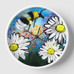 Wall Clock - Whimsical Bumble Bee & Daisis Uhr