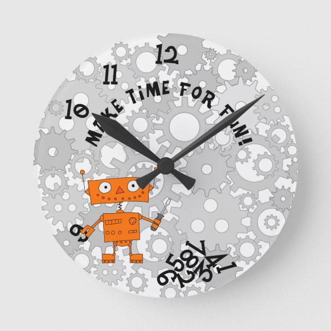 Wall Clock with Orange Robot Runde Wanduhr (Vorderseite)