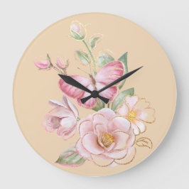 Wall-Uhr mit Schmetterling und rosa Blume Große Wanduhr