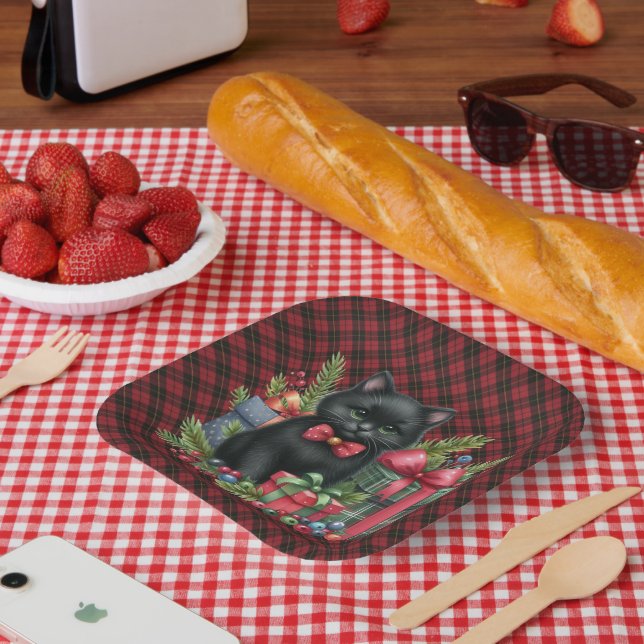  Wallace Red Scottish Tartan Christmas Black Cat Pappteller (Picknick)