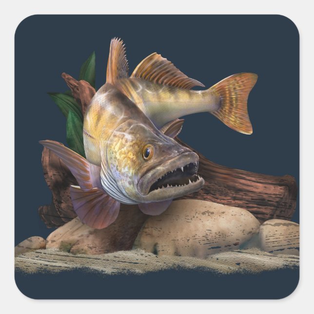 Walleye Fishing Illustration, Walleye Fisherman Quadratischer Aufkleber (Vorderseite)