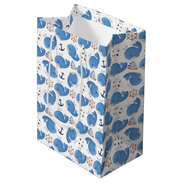 Walmuster, Niedliche Wale, Blauwale Mittlere Geschenktüte (Vorderseite Schrägansicht)