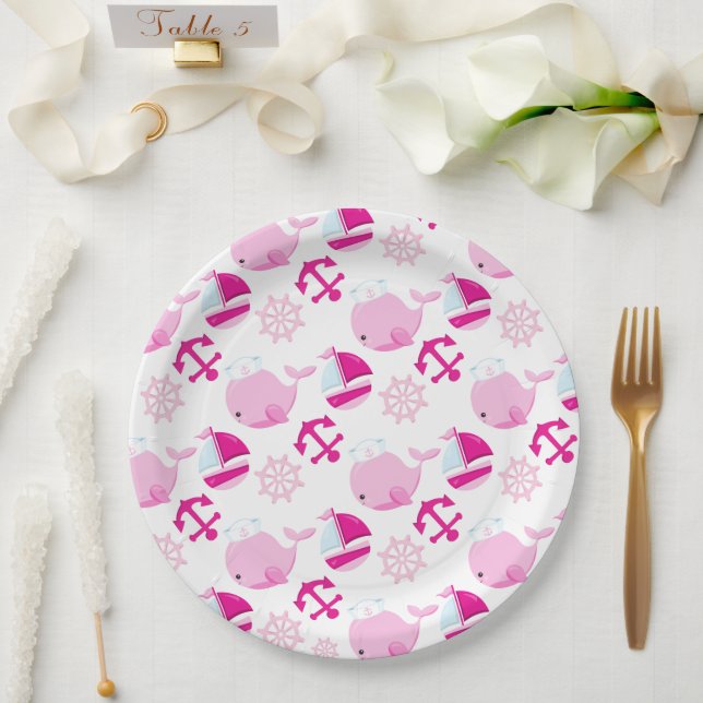Walmuster, Niedliche Wale, rosa Wale Pappteller (Hochzeit)