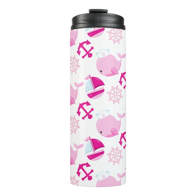 Walmuster, Niedliche Wale, rosa Wale Thermosbecher (Vorderseite)