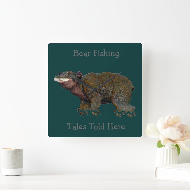 Walnuss Bear Fishing Tales Quadratische Wanduhr (Zuhause)