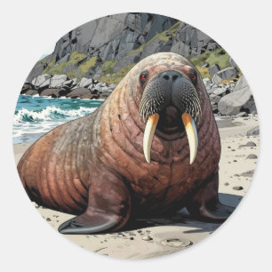 Walross an einem sandigen Strand    Süße Tiere Runder Aufkleber