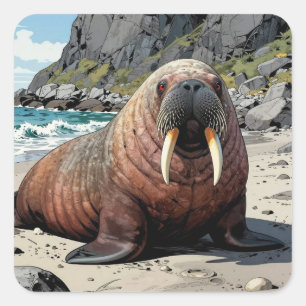 Walross auf einem Sandstrand Süße Tiere Quadratischer Aufkleber