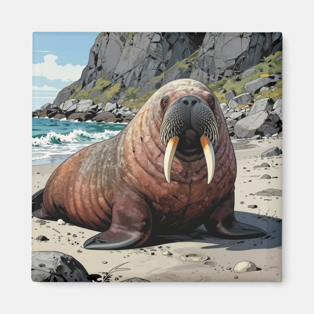 Walrus on a Sandy Beach  | Cute Animals Magnet (Vorne)
