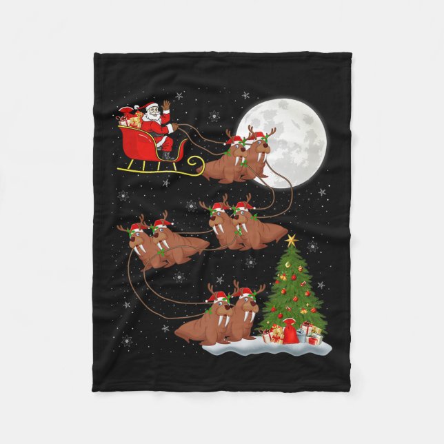 Walrus Santa Sleigh Flying Funny Magical Christmas Fleecedecke (Vorderseite)