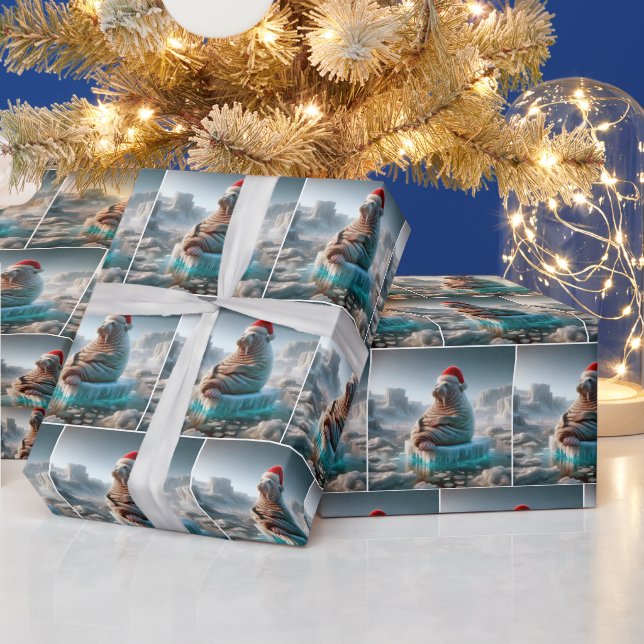 Walrus Tragend eine Weihnachtsmannmütze Geschenkpapier (Feiertage)
