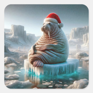 Walrus Tragend eine Weihnachtsmannmütze Quadratischer Aufkleber