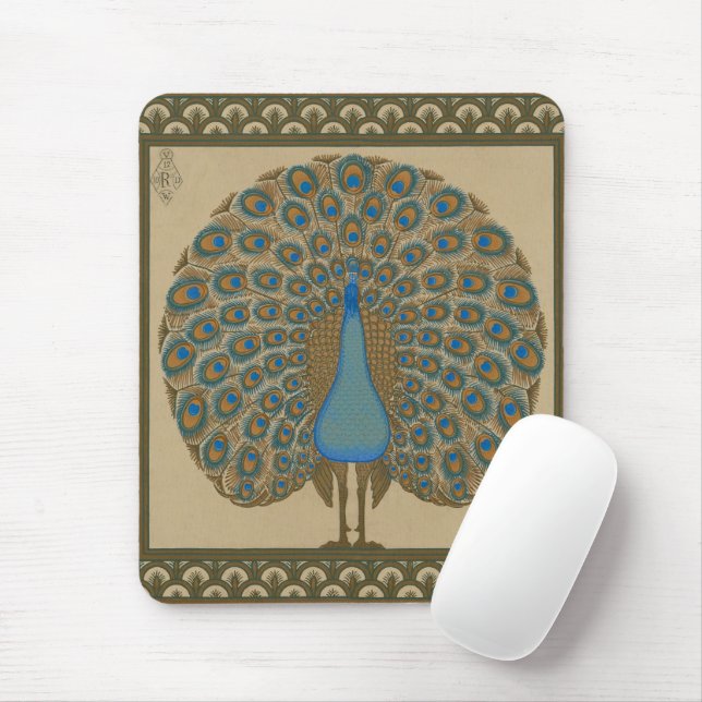 Walter Crane Blue Peacock mit seinem Schwanz Mousepad (Mit Mouse)