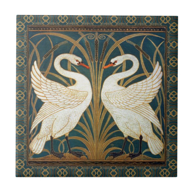Walter Crane Swan, Rush and Iris Art Nouveau Fliese (Vorderseite)