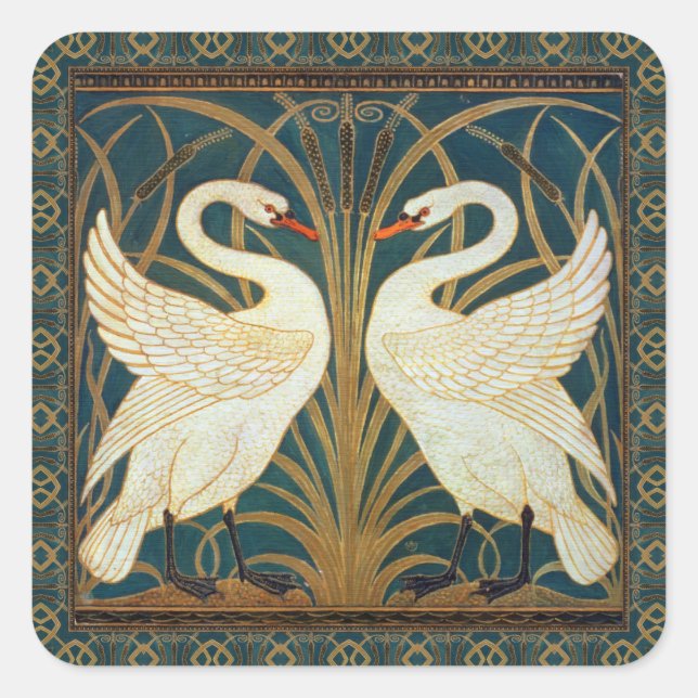 Walter Crane Swan, Rush and Iris Art Nouveau Quadratischer Aufkleber (Vorderseite)