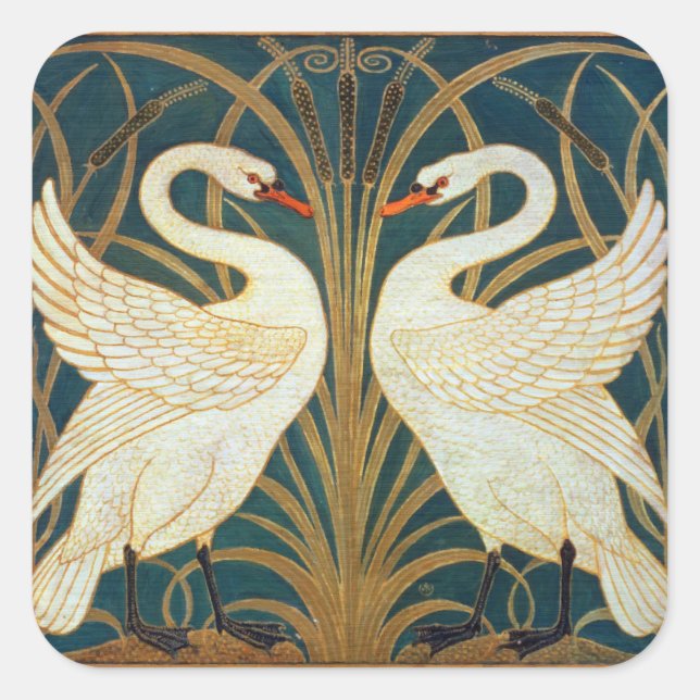 Walter Crane Swan, Rush and Iris Art Nouveau Quadratischer Aufkleber (Vorderseite)
