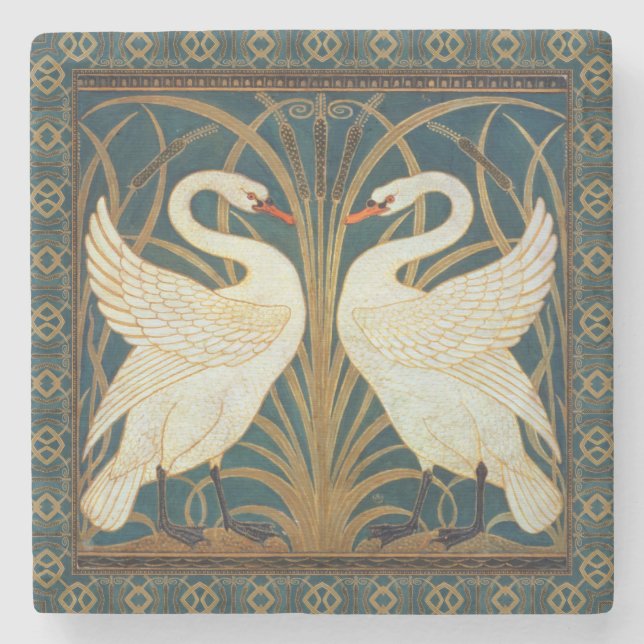 Walter Crane Swan, Rush and Iris Art Nouveau Steinuntersetzer (Vorderseite)