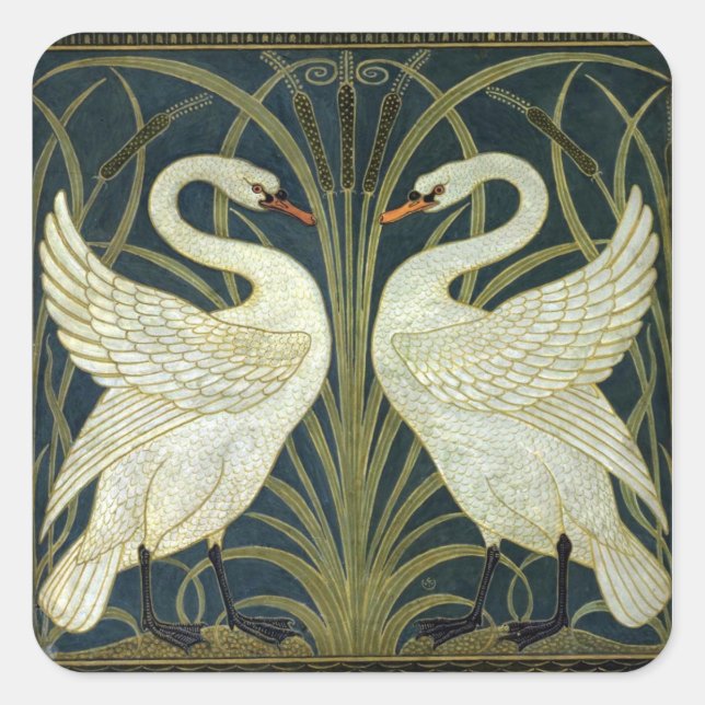 Walter Crane Swan & Rush und Iris viktorianisch  Quadratischer Aufkleber (Vorderseite)
