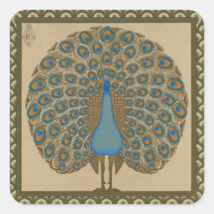 Walter Crane Vintage Gold Blau Pfau Kunst Quadratischer Aufkleber