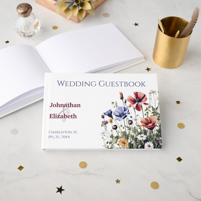 Waltercolor-Wildblumen-Hochzeit Gästebuch (Vorderseite Offen)