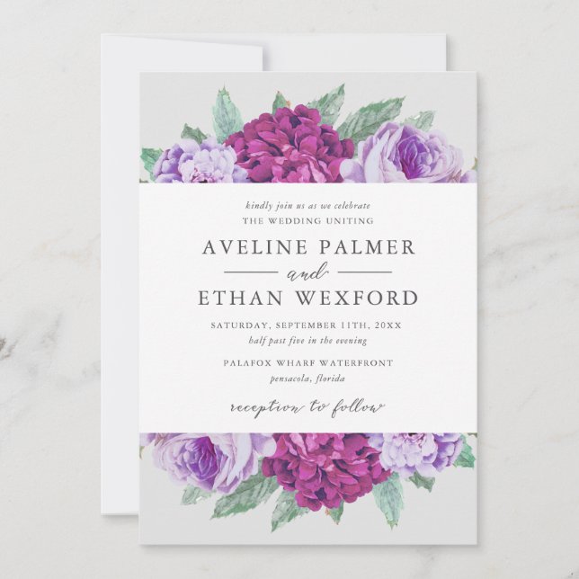 Waltzing Aveline Lila Watercolor Floral Wedding Einladung (Vorderseite)