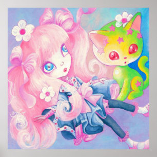 Wamono Japanisches Mädchen mit kawaii Kätzchen ~ Poster